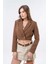 Kahverengi Kruvaze Kapama Dokuma Crop Blazer Ceket 3