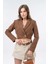 Kahverengi Kruvaze Kapama Dokuma Crop Blazer Ceket 5
