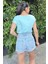 Kadın Mint Yarım Kol, Geniş Yaka, Tek Cepli, Beli Lastikli Rahat Crop Bluz 3