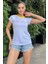 Kadın Beyaz Omuz ve Yaka Detaylı, Renk Bloklu Garnili Kısa Kol T-Shirt Bluz 2