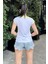Kadın Beyaz Omuz ve Yaka Detaylı, Renk Bloklu Garnili Kısa Kol T-Shirt Bluz 3
