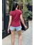 Kadın Bordo Kısa Kol, Fermuar Yaka Detaylı, Fitilli Terletmez Kumaş, Rahat Bluz, Tshirt 3