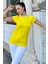 Kadın Sarı Omuz ve Yaka Detaylı, Renk Bloklu Garnili Kısa Kol T-Shirt Bluz 1