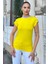 Kadın Sarı Omuz ve Yaka Detaylı, Renk Bloklu Garnili Kısa Kol T-Shirt Bluz 2