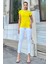 Kadın Sarı Omuz ve Yaka Detaylı, Renk Bloklu Garnili Kısa Kol T-Shirt Bluz 5