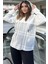 Kadın Ekru & Gri Ekose Garnili, Rahat Kesim, Kapüşonlu İki İplik Sweatshirt 1