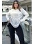 Kadın Ekru & Gri Ekose Garnili, Rahat Kesim, Kapüşonlu İki İplik Sweatshirt 3
