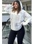 Kadın Ekru & Gri Ekose Garnili, Rahat Kesim, Kapüşonlu İki İplik Sweatshirt 4