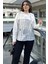 Kadın Ekru & Gri Ekose Garnili, Rahat Kesim, Kapüşonlu İki İplik Sweatshirt 5