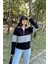Kadın Siyah Uzun Kol, Dik Yaka, Fermuarlı, Double Color Block Basic Sweatshirt Bluz 5
