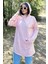 Kadın Pudra Uzun Kol, Yakası Bağcıklı, Kapüşonlu, Kanguru Cep, Salaş, Uzun Tunik Sweatshirt 1