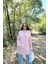 Kadın Pudra Uzun Kol, Yakası Bağcıklı, Kapüşonlu, Kanguru Cep, Salaş, Uzun Tunik Sweatshirt 3