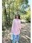 Kadın Pudra Uzun Kol, Yakası Bağcıklı, Kapüşonlu, Kanguru Cep, Salaş, Uzun Tunik Sweatshirt 4