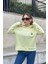 Kadın Fıstık Yeşil Uzun Kol, Yırtmaç Detaylı, Arma ve Yazı Detaylı, Kapüşonlu Sweatshirt Bluz 5