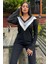 Kadın Siyah Uzun Kollu V Yaka Color Block Pamuklu Bluz Sweatshirt 1