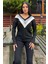 Kadın Siyah Uzun Kollu V Yaka Color Block Pamuklu Bluz Sweatshirt 3