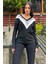 Kadın Siyah Uzun Kollu V Yaka Color Block Pamuklu Bluz Sweatshirt 4