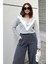 Kadın Gri Uzun Kollu V Yaka, Deri Detaylı, Color Block Bluz Sweatshirt & Pamuklu Kazak 1