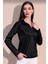 Kadın Siyah Modern Tarz Kendinden Dokulu Polo Yaka Bluz Sweatshirt 3