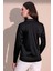 Kadın Siyah Modern Tarz Kendinden Dokulu Polo Yaka Bluz Sweatshirt 4