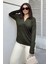 Kadın Haki Polo Yaka Basic Bluz, Uzun Kol, Regular Kesim, Günlük ve Spor Kaliteli Kumaş Sweatshirt 1