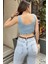 Kadın Mavi Ajurlu Merserize Triko Örme, Terletmez, Askılı Crop Bluz 5
