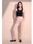 Kadın Bej Rahat Dokulu Kumaş Cepli Beli Lastikli Paça Jogger Spor Pantolon 4