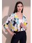 Kadın Sarı & Lacivert Şık Desenli Poplin Crop Ceket 4