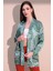 Kadın Yeşil Etnik Desen Yeni Moda Saten Çift Cepli Salaş Kimono Ceket - Tesettüre Uygun 1