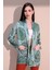Kadın Yeşil Etnik Desen Yeni Moda Saten Çift Cepli Salaş Kimono Ceket - Tesettüre Uygun 3