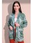 Kadın Yeşil Etnik Desen Yeni Moda Saten Çift Cepli Salaş Kimono Ceket - Tesettüre Uygun 4