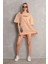 Unisex Bisiklet Yaka Baskılı Oversize Thirt Bej 3