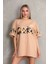 Unisex Bisiklet Yaka Baskılı Oversize Thirt Bej 2