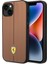 iPhone 14 Kılıf Ferrari Orjinal Lisanslı Deri Arka Yüzey Metal Logolu Şerit Tasarımlı Kahverengi 1