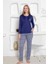 Saks Mavi Etnik Desenli Milan Penye Kumaş Uzun Kollu Kadın Pijama Takımı 4