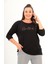 Kadın Büyük Beden Siyah Bisiklet Yaka Baskı ve Taş Detaylı Yarasa Kol Bluz 65N38671 1