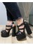 Hayyshoes Siyah Mat Örme Çift Platform Topuklu Sandalet 1