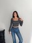 Kare Yaka Otoban Kumaş Çizgili Crop Bluz 2