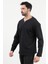 Erkek V Yaka Düğme Detaylı Dokulu Sweatshirt Siyah - 5524 5