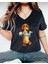 Kadın V Yaka Siyah Hayvan Dostu Baskılı T-Shirt Salaş Rahat Kesim Boyfirend 1