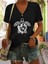 Kadın V Yaka Siyah Hayvan Dostu Baskılı T-Shirt Salaş Rahat Kesim Boyfirend 1