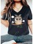 Kadın V Yaka Siyah Hayvan Dostu Baskılı T-Shirt Salaş Rahat Kesim Boyfirend 1