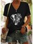 Kadın V Yaka Siyah Hayvan Dostu Baskılı T-Shirt Salaş Rahat Kesim Boyfirend 1