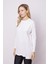 Kadın Sıfır Yaka Uzun Kol Hafif Likralı Kumaş Rahat Kesim(Göbeği Gizler) Tunik Bluz-Beyaz 4