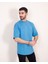 Erkek Oversize Fit Organik Pamuk Kalın Dokulu Bisiklet Yakalı Mavi T-Shirt 3