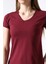 Pamuklu Penye Kompakt Likralı V Yaka Kısa Kol Basic T-Shirt 21043 Bordo 2