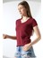 Pamuklu Penye Kompakt Likralı V Yaka Kısa Kol Basic T-Shirt 21043 Bordo 3