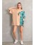 Unisex Bisiklet Yaka Baskılı Oversize Thirt Bej 1