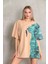 Unisex Bisiklet Yaka Baskılı Oversize Thirt Bej 3