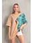 Unisex Bisiklet Yaka Baskılı Oversize Thirt Bej 4
